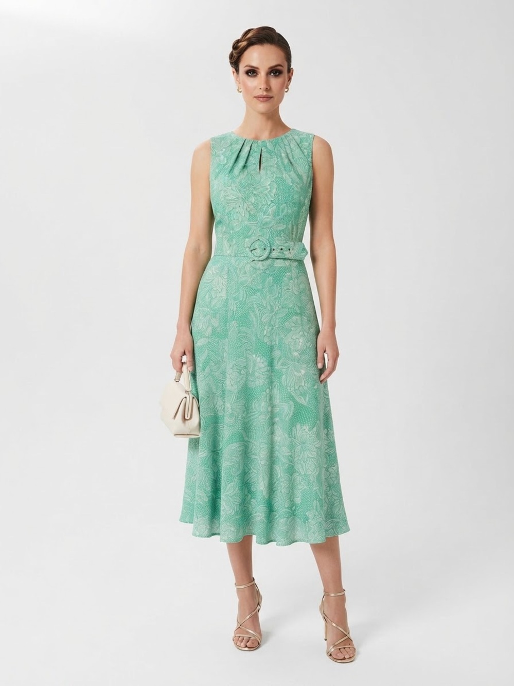 London Times Green Floral Belted Fit & Flare Midi Dress US 10